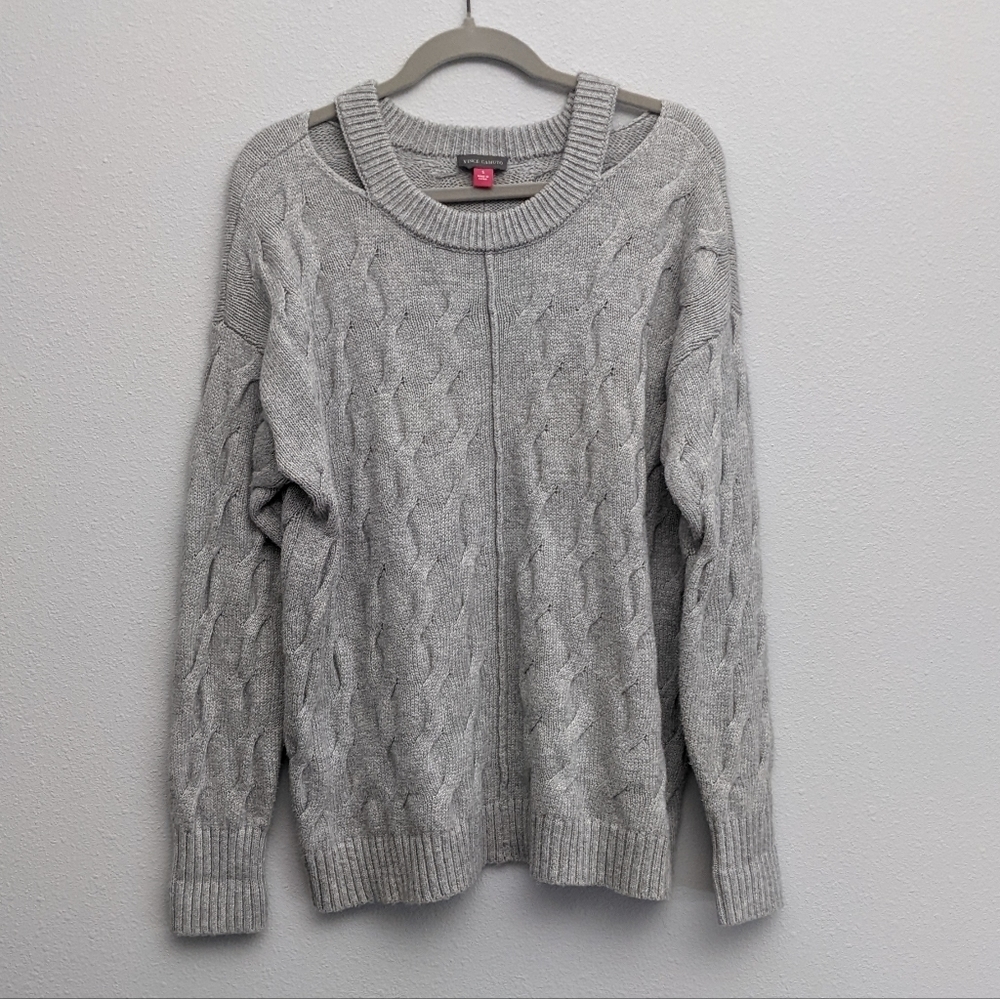 Vince Camuto Cable Knit Chunky Oversized Gray Sweater Shoulder Cut-outs …